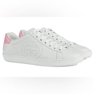 Gucci Ace Interlocking G White Pink lace up leather sneaker shoes size 37.5 EU